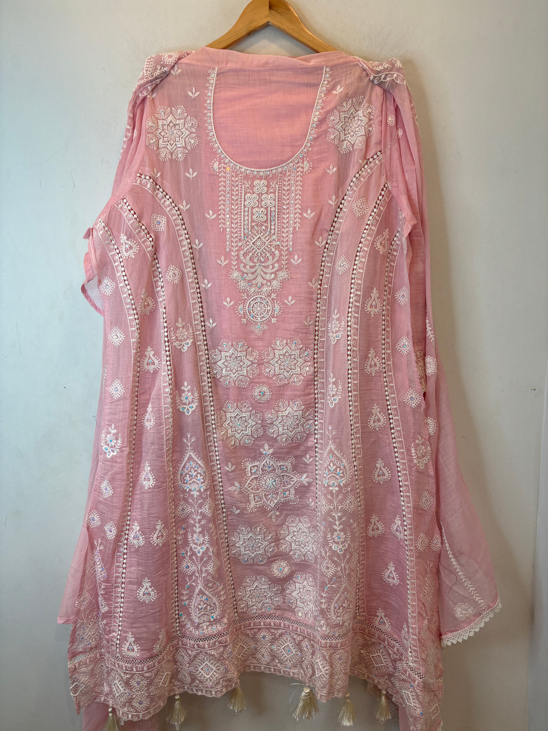Pink Mul Cotton Embroidered A-Line Suit Set with Crochet &amp; Tassel Detailing