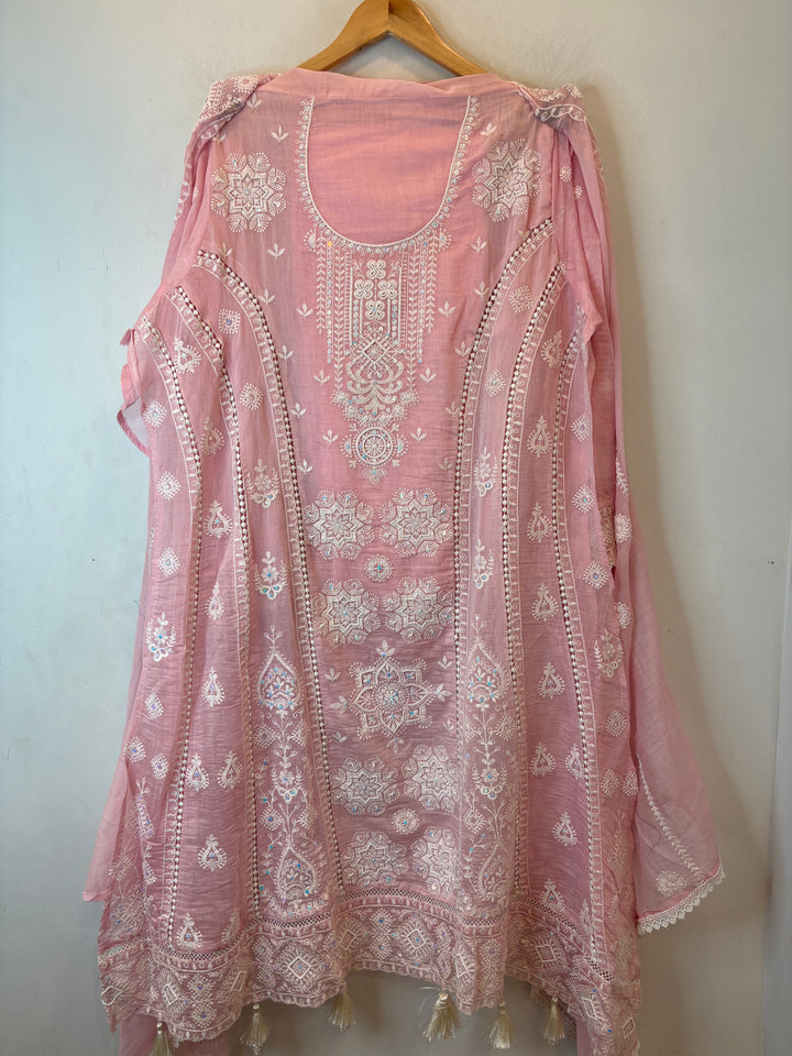Pink Mul Cotton Embroidered A-Line Suit Set with Crochet &amp; Tassel Detailing