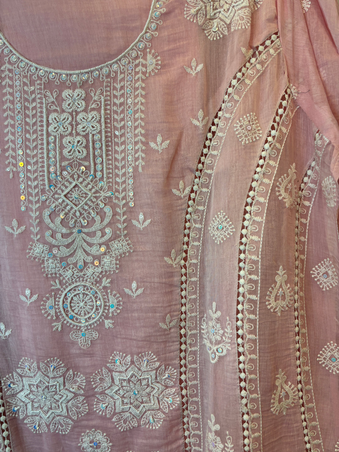 Pink Mul Cotton Embroidered A-Line Suit Set with Crochet &amp; Tassel Detailing