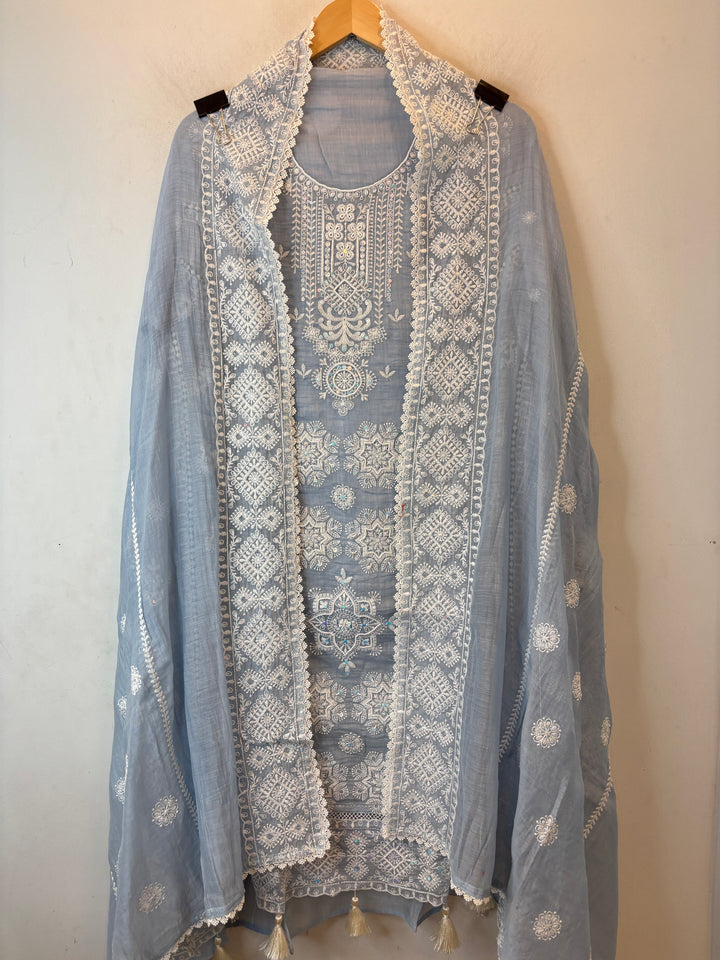 Blue Mul Cotton Embroidered A-Line Suit Set with Crochet &amp; Tassel Detailing