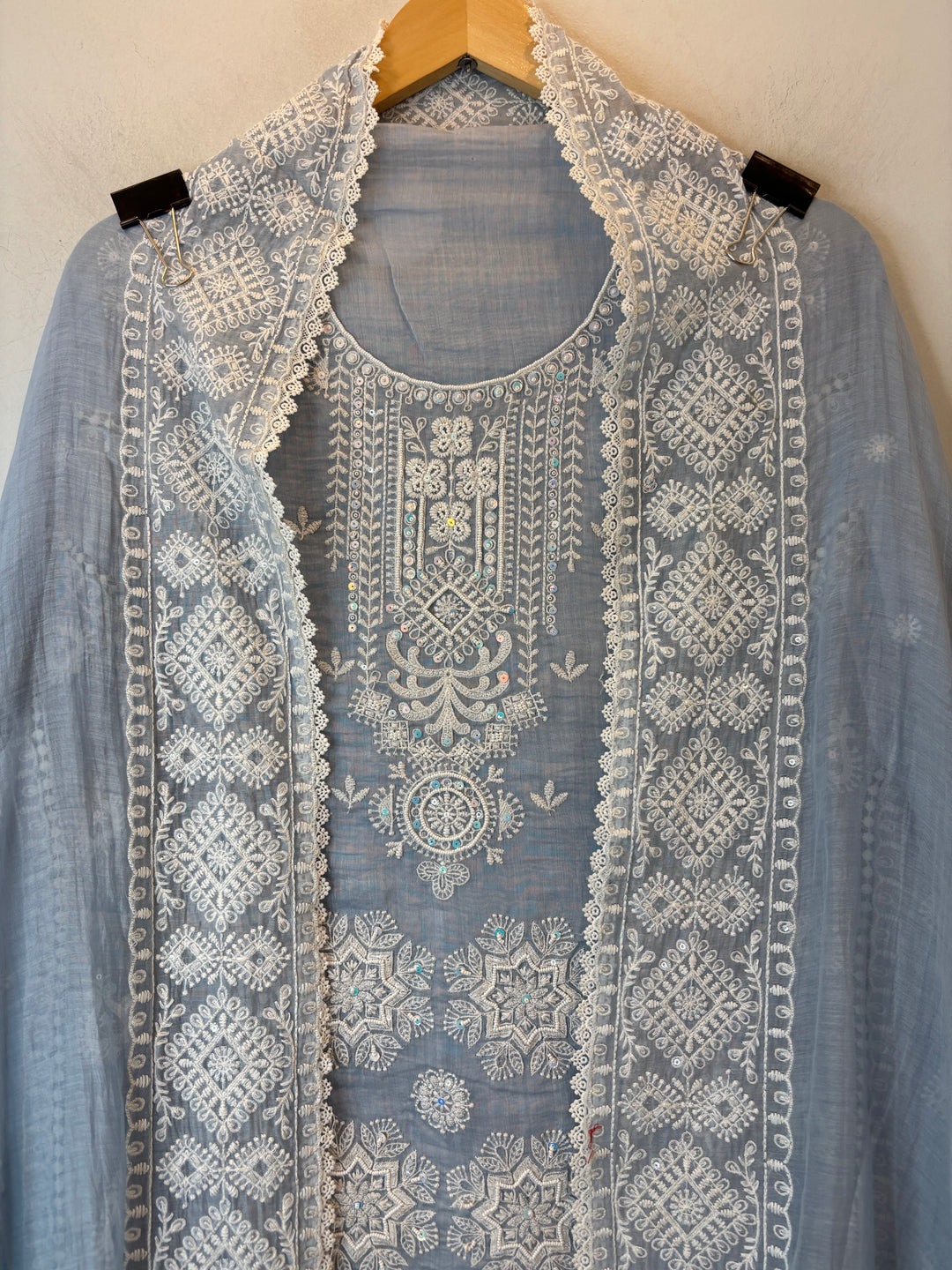 Blue Mul Cotton Embroidered A-Line Suit Set with Crochet &amp; Tassel Detailing