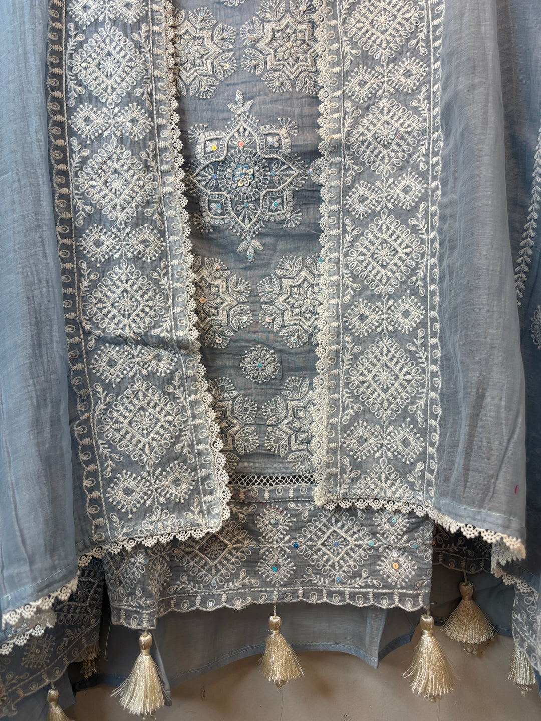 Blue Mul Cotton Embroidered A-Line Suit Set with Crochet &amp; Tassel Detailing