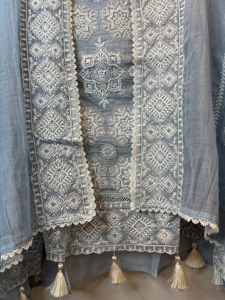 Blue Mul Cotton Embroidered A-Line Suit Set with Crochet &amp; Tassel Detailing