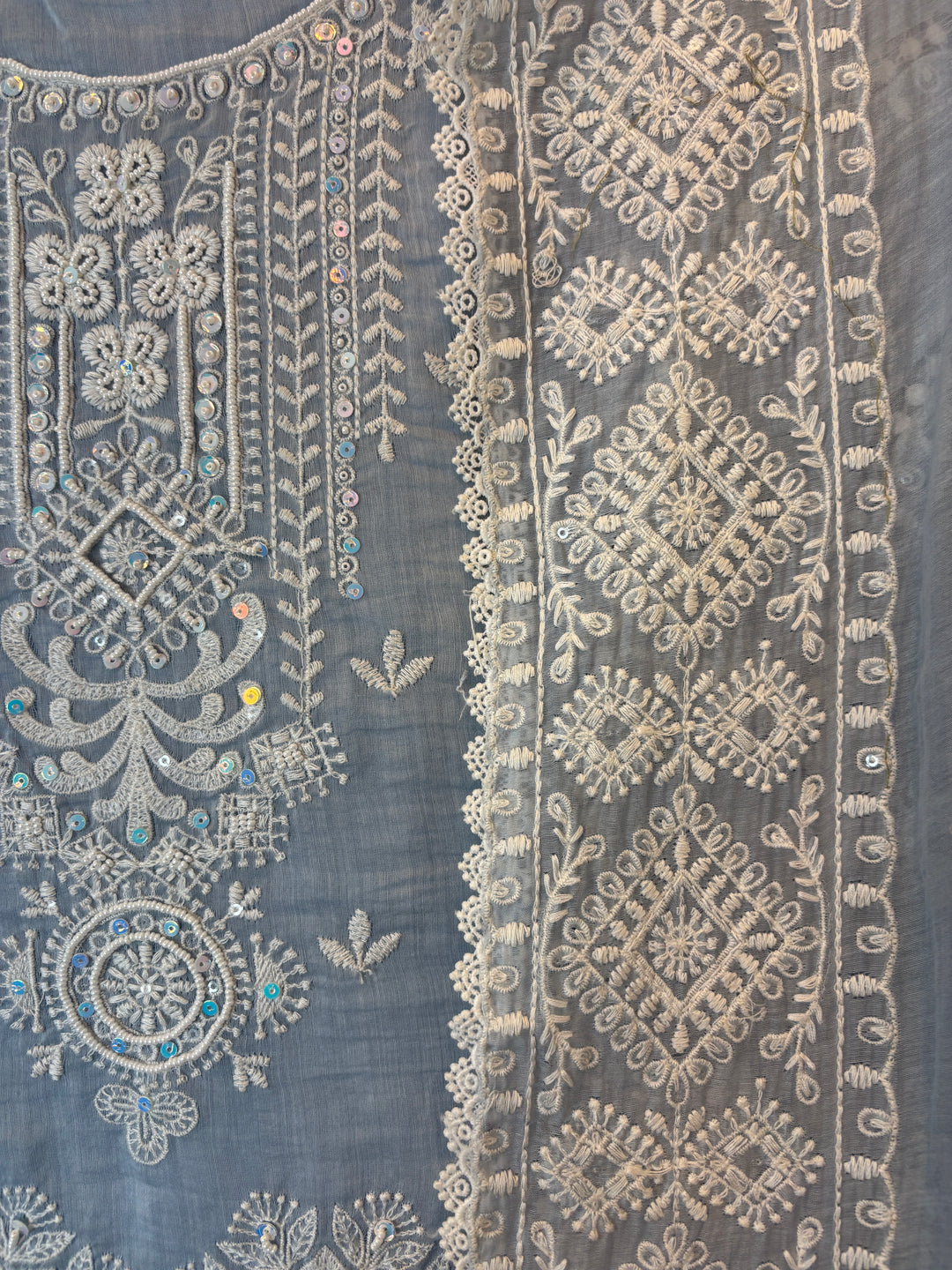 Blue Mul Cotton Embroidered A-Line Suit Set with Crochet &amp; Tassel Detailing