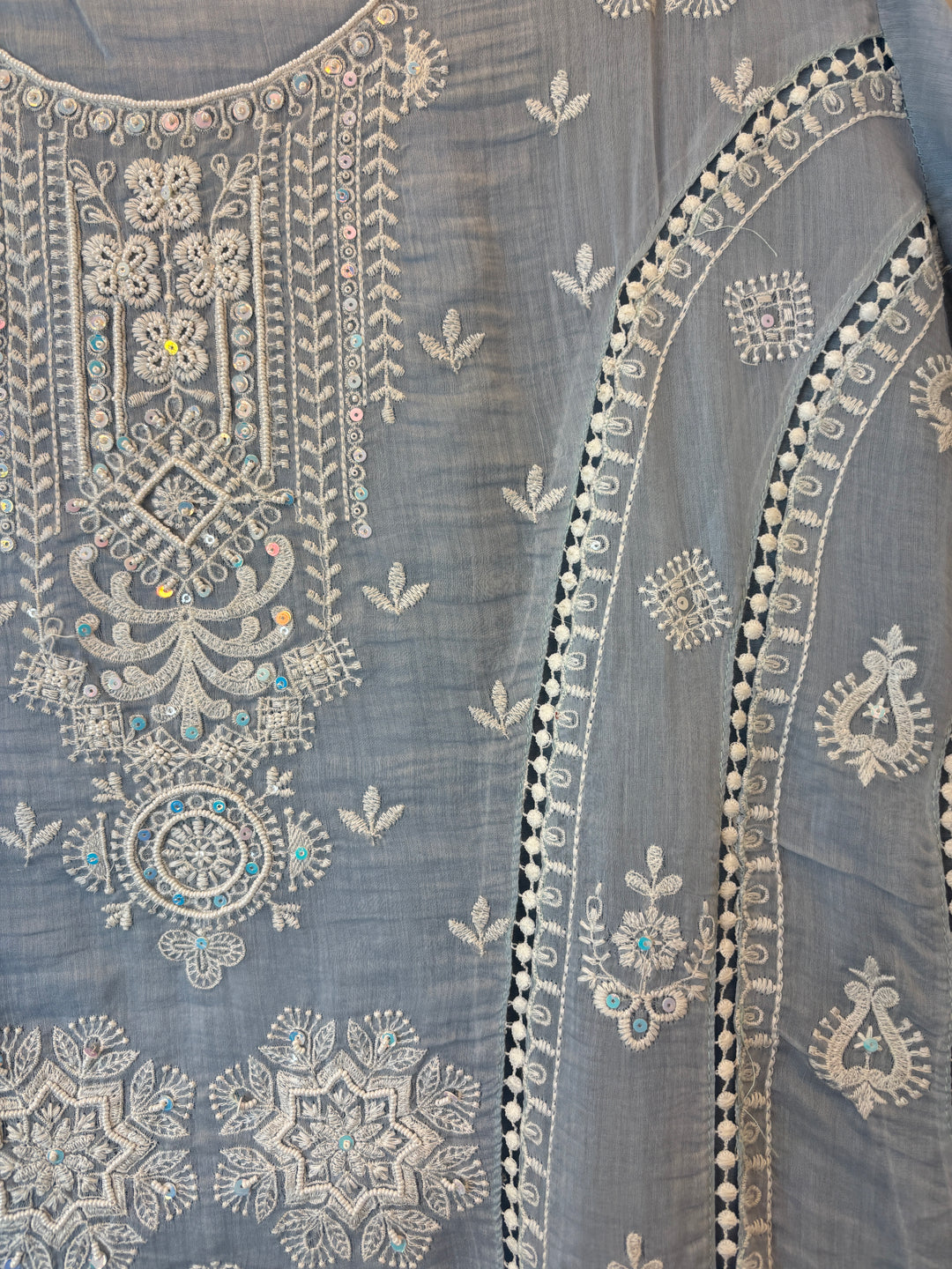 Blue Mul Cotton Embroidered A-Line Suit Set with Crochet &amp; Tassel Detailing