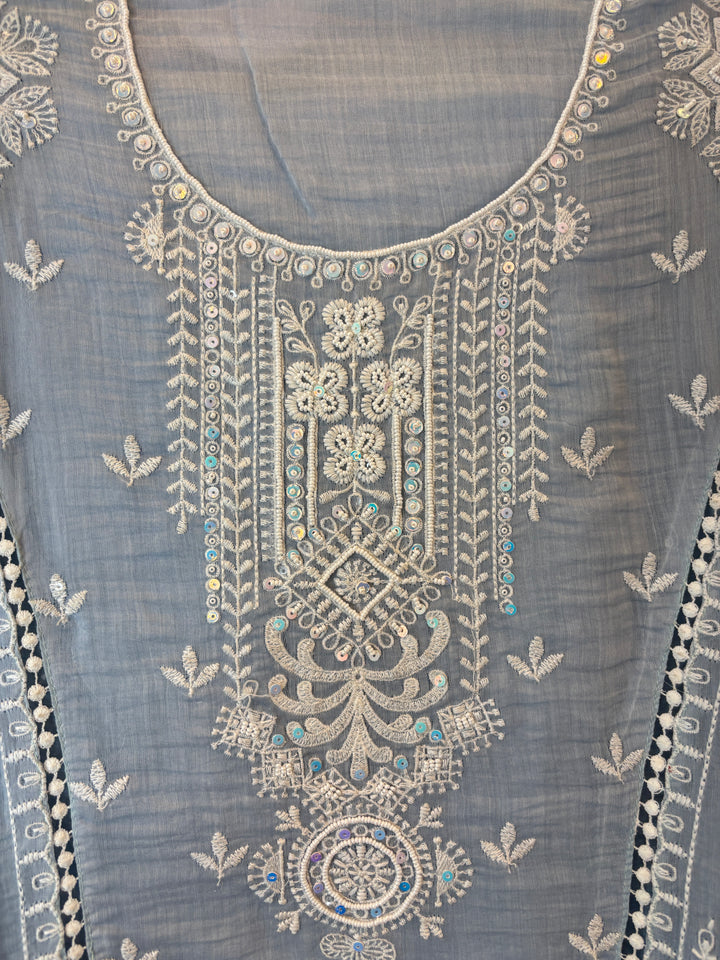 Blue Mul Cotton Embroidered A-Line Suit Set with Crochet &amp; Tassel Detailing
