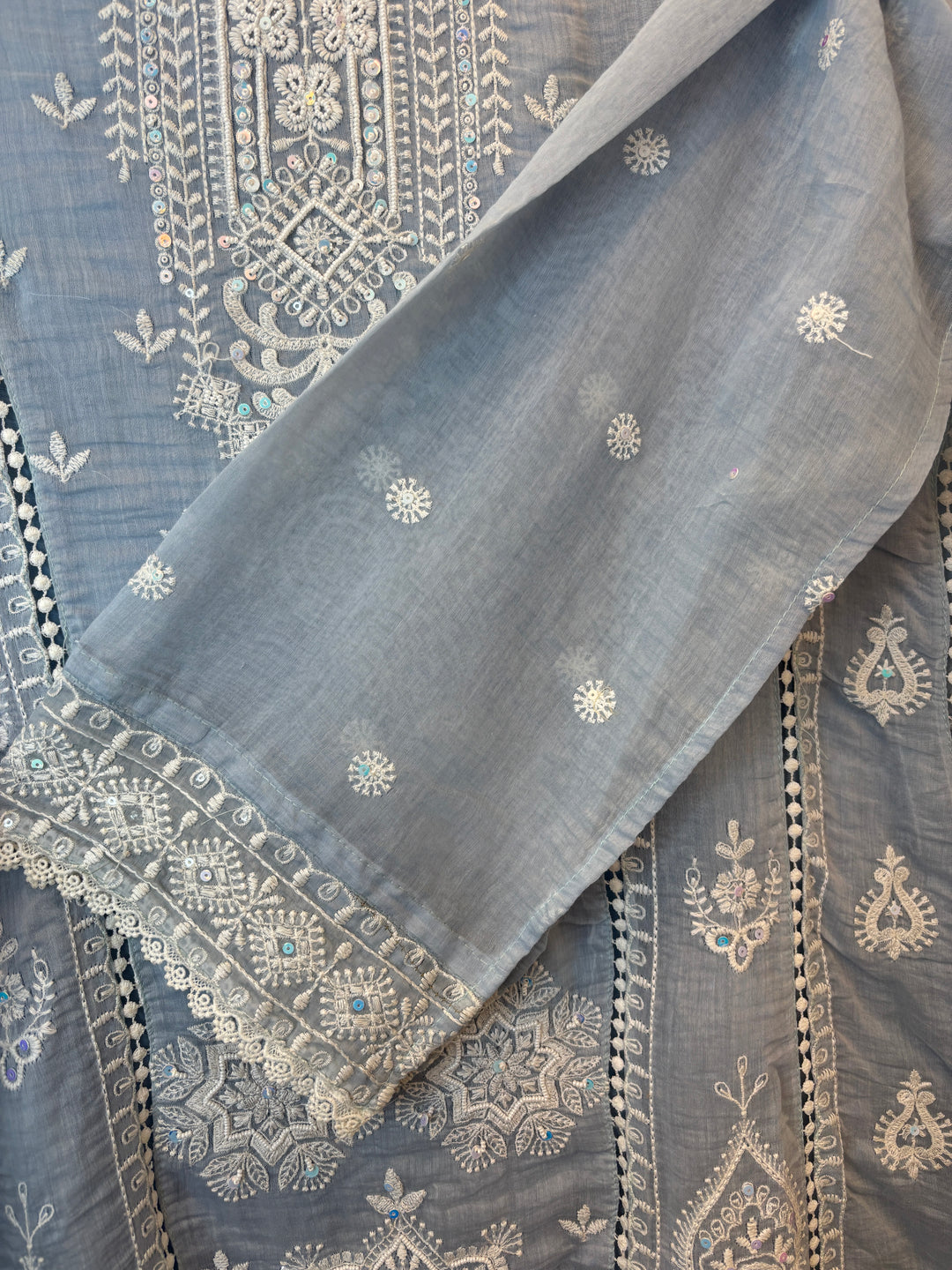 Blue Mul Cotton Embroidered A-Line Suit Set with Crochet &amp; Tassel Detailing