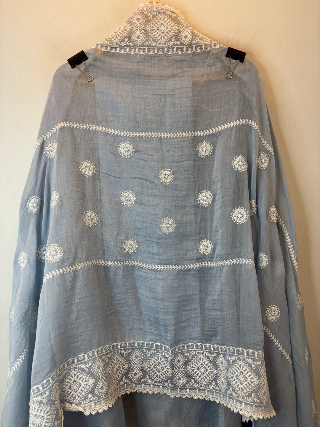 Blue Mul Cotton Embroidered A-Line Suit Set with Crochet &amp; Tassel Detailing