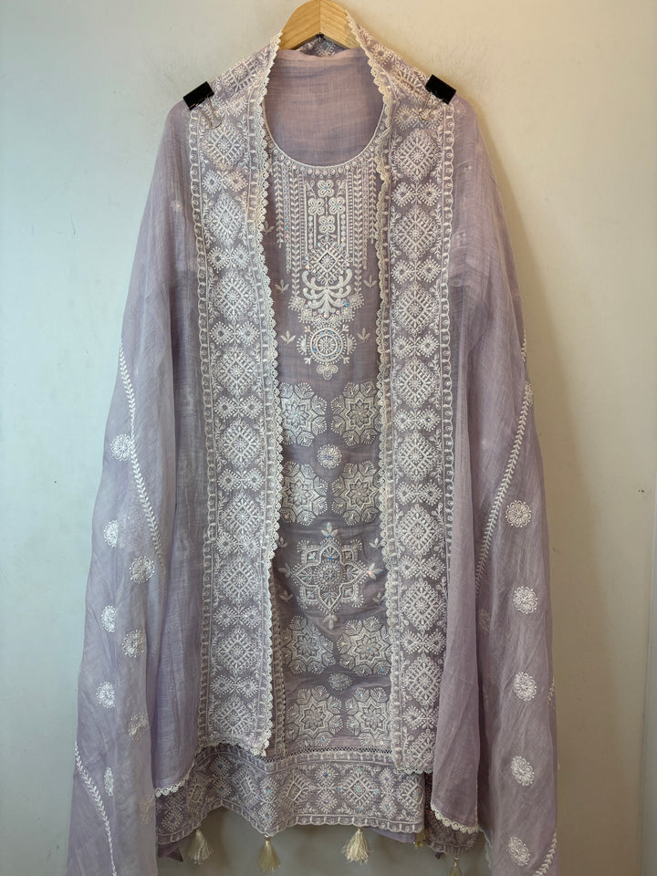 Lavender Mul Cotton Embroidered A-Line Suit Set with Crochet &amp; Tassel Detailing