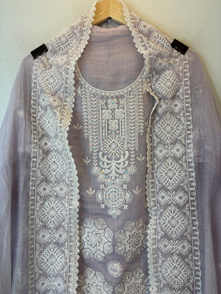 Lavender Mul Cotton Embroidered A-Line Suit Set with Crochet &amp; Tassel Detailing