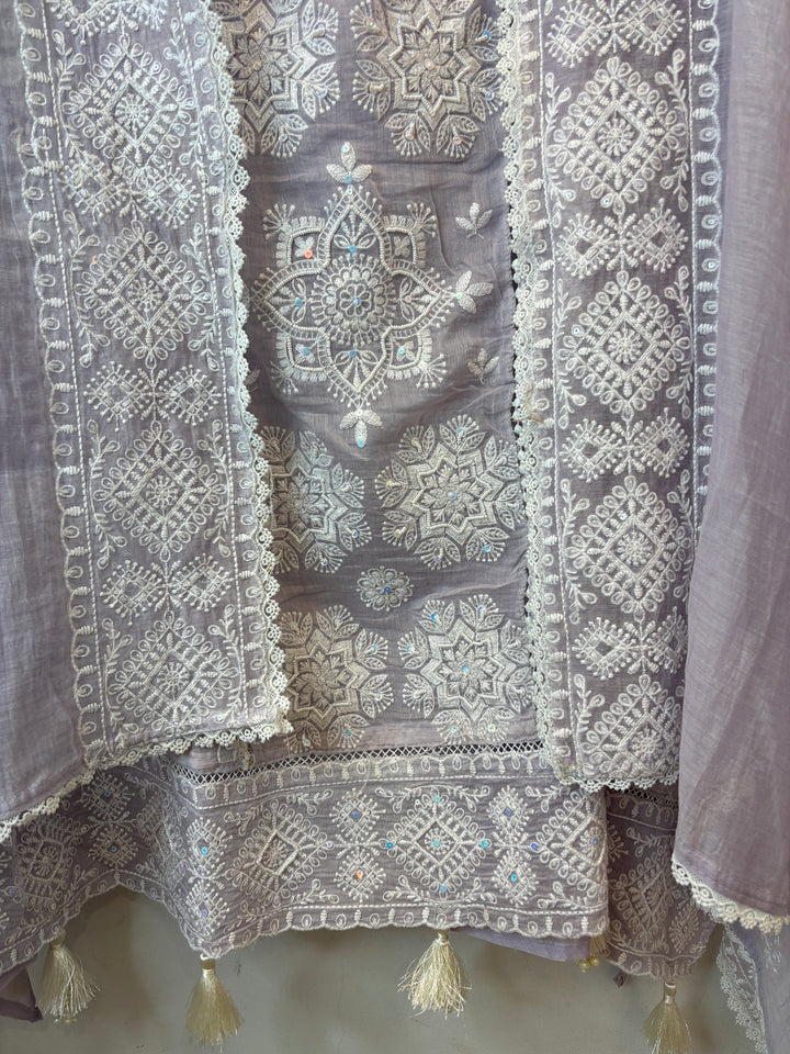 Lavender Mul Cotton Embroidered A-Line Suit Set with Crochet &amp; Tassel Detailing
