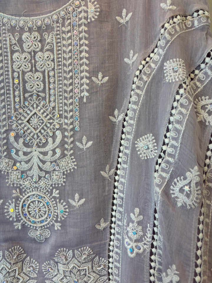 Lavender Mul Cotton Embroidered A-Line Suit Set with Crochet &amp; Tassel Detailing