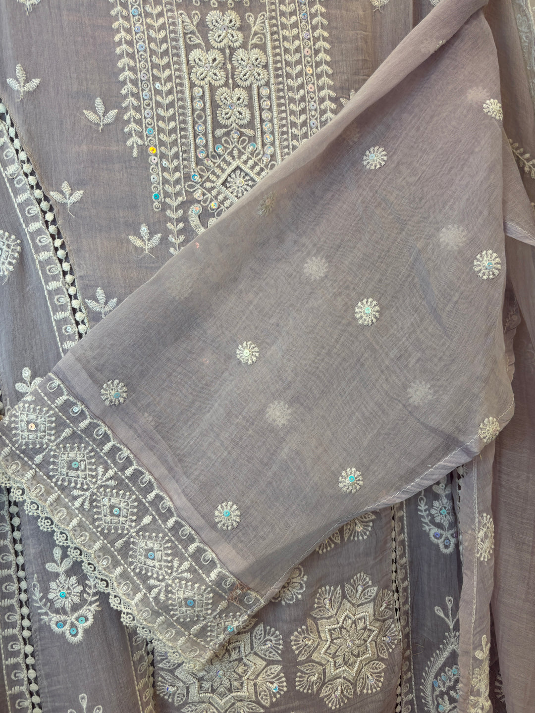Lavender Mul Cotton Embroidered A-Line Suit Set with Crochet &amp; Tassel Detailing