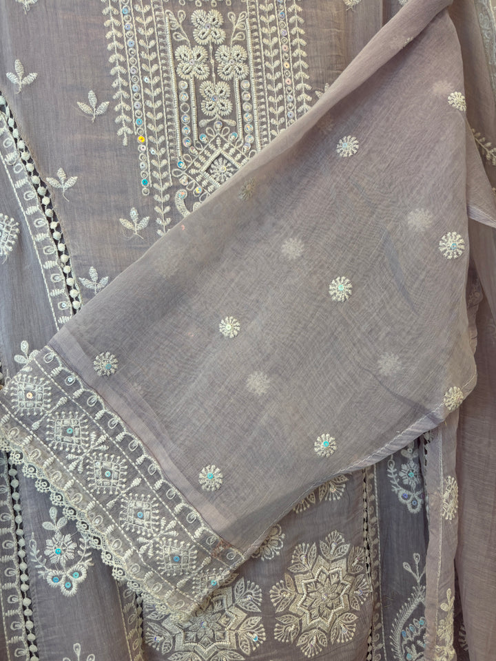 Lavender Mul Cotton Embroidered A-Line Suit Set with Crochet &amp; Tassel Detailing