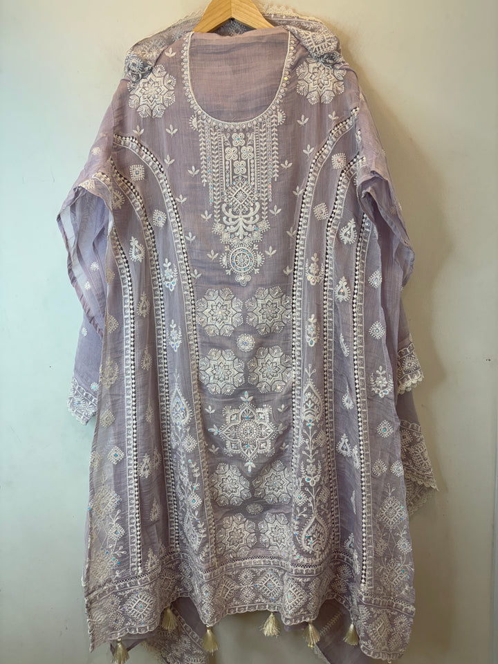 Lavender Mul Cotton Embroidered A-Line Suit Set with Crochet &amp; Tassel Detailing