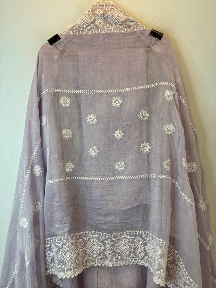 Lavender Mul Cotton Embroidered A-Line Suit Set with Crochet &amp; Tassel Detailing