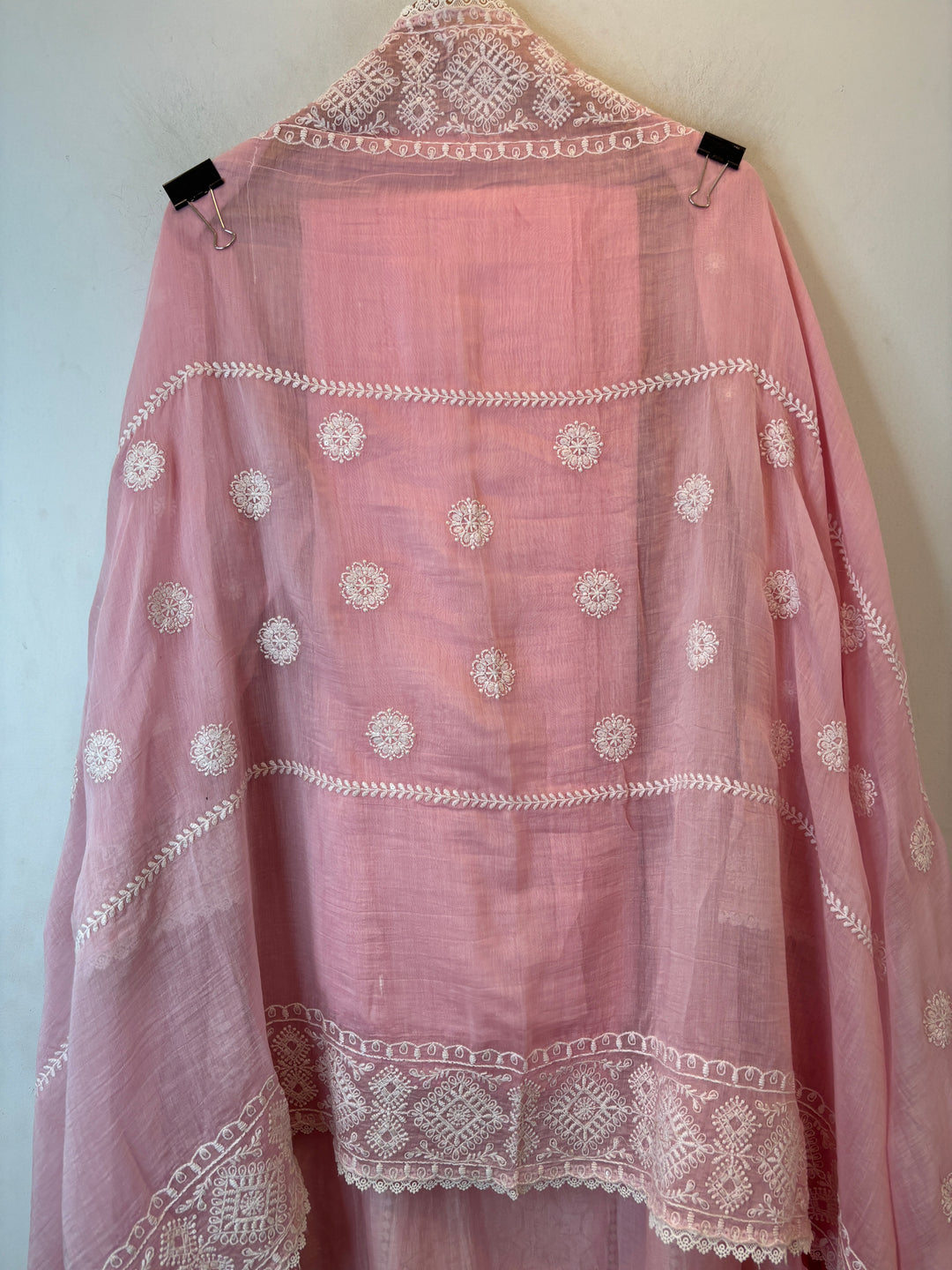 Pink Mul Cotton Embroidered A-Line Suit Set with Crochet &amp; Tassel Detailing