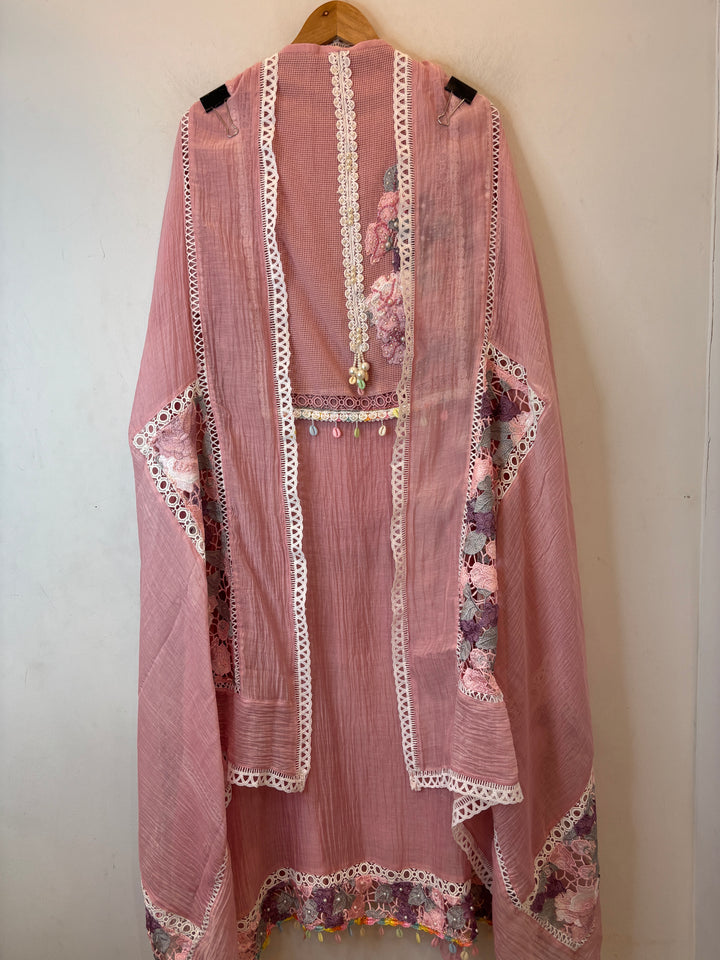 Mul Cotton Embroidered Suit Set with Jute Work &amp; Crochet Lace