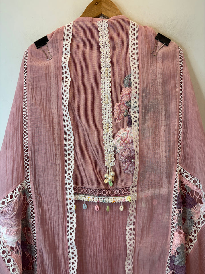 Mul Cotton Embroidered Suit Set with Jute Work &amp; Crochet Lace