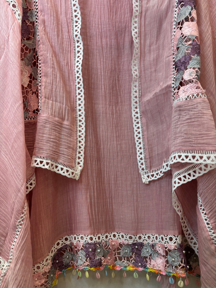 Mul Cotton Embroidered Suit Set with Jute Work &amp; Crochet Lace