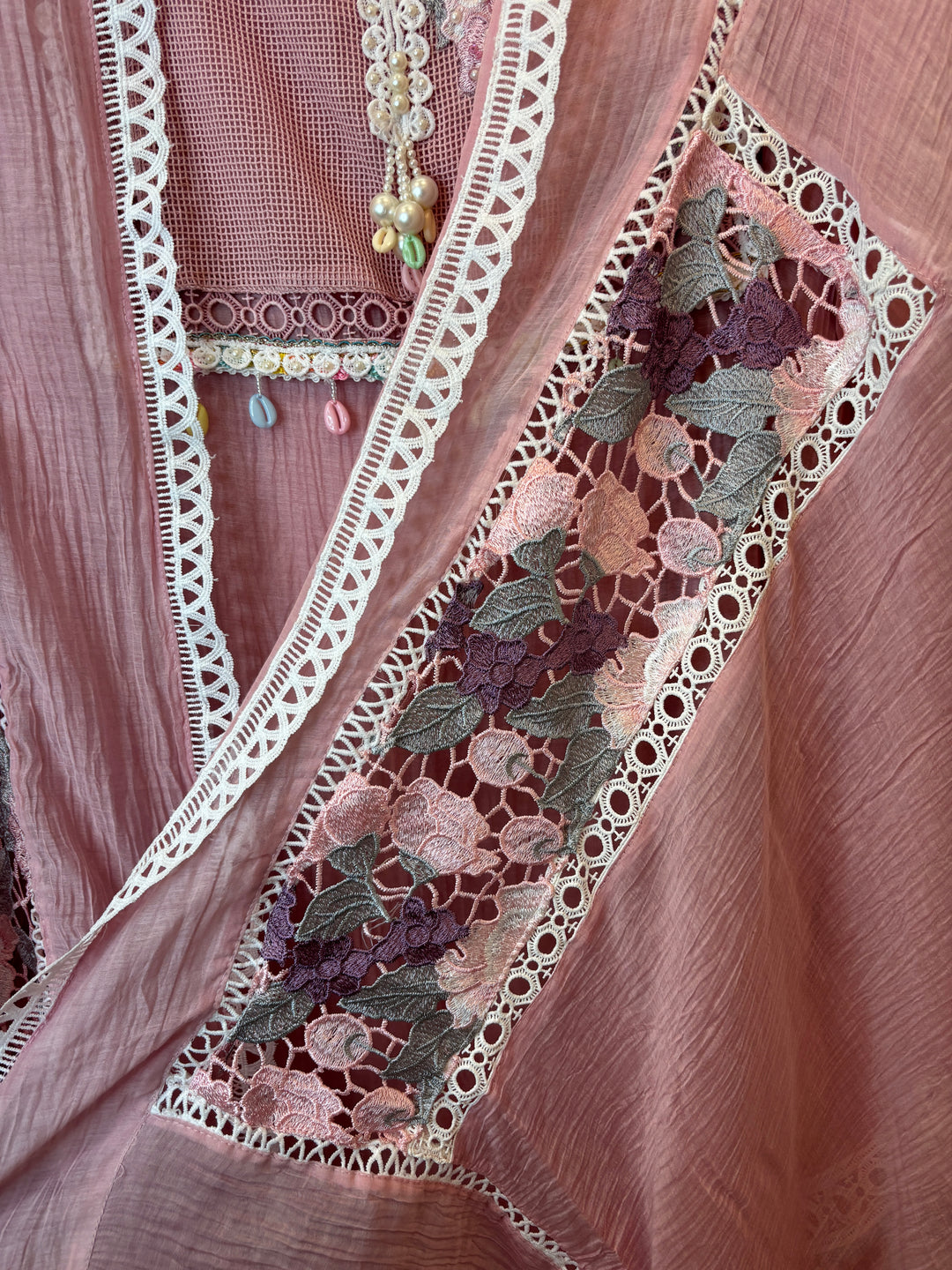 Mul Cotton Embroidered Suit Set with Jute Work &amp; Crochet Lace