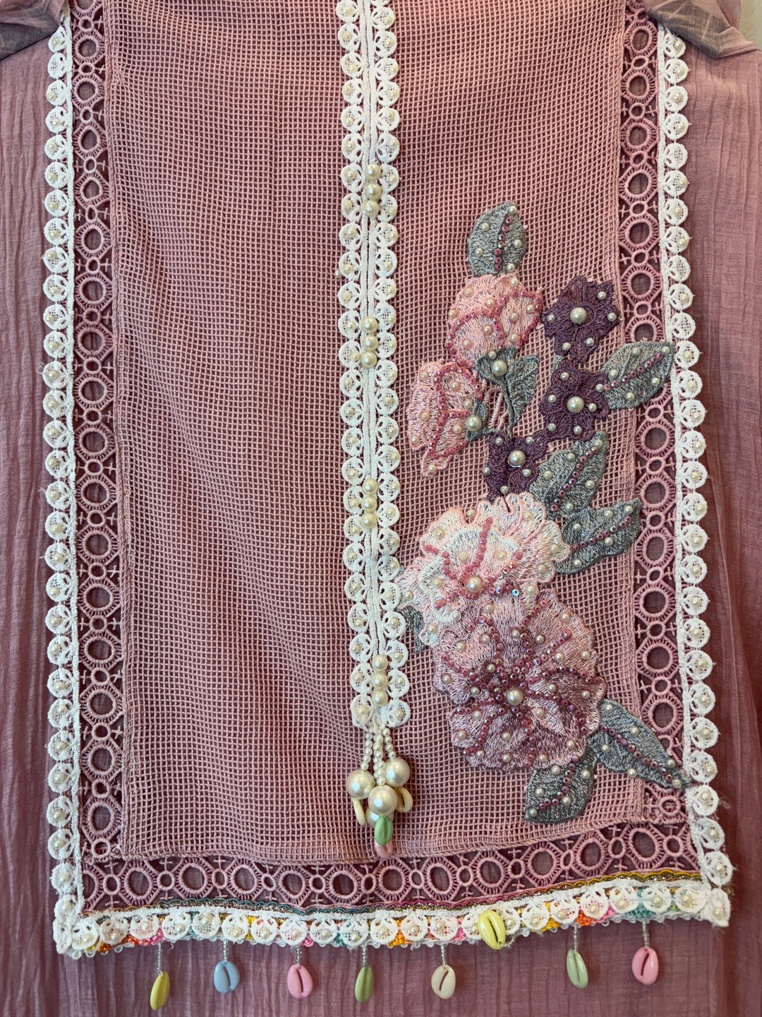 Mul Cotton Embroidered Suit Set with Jute Work &amp; Crochet Lace