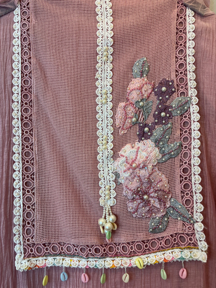 Mul Cotton Embroidered Suit Set with Jute Work &amp; Crochet Lace