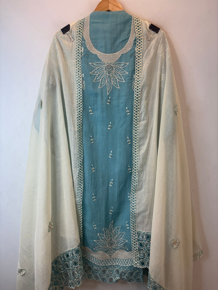 Blue Mul Cotton Heavy Embroidered Suit Set with 3D Floral Dupatta
