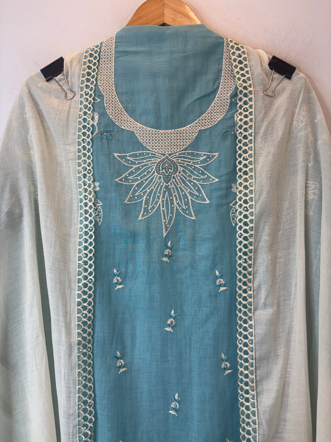 Blue Mul Cotton Heavy Embroidered Suit Set with 3D Floral Dupatta