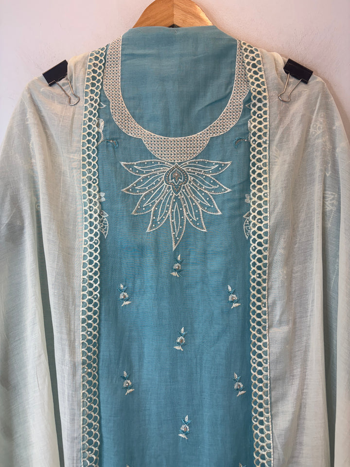 Blue Mul Cotton Heavy Embroidered Suit Set with 3D Floral Dupatta