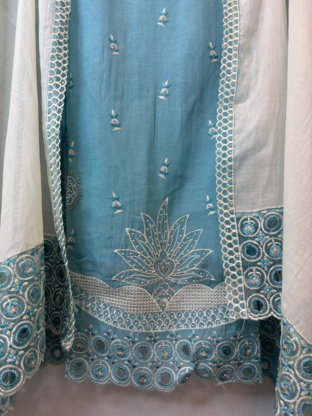 Blue Mul Cotton Heavy Embroidered Suit Set with 3D Floral Dupatta