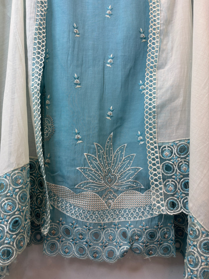 Blue Mul Cotton Heavy Embroidered Suit Set with 3D Floral Dupatta