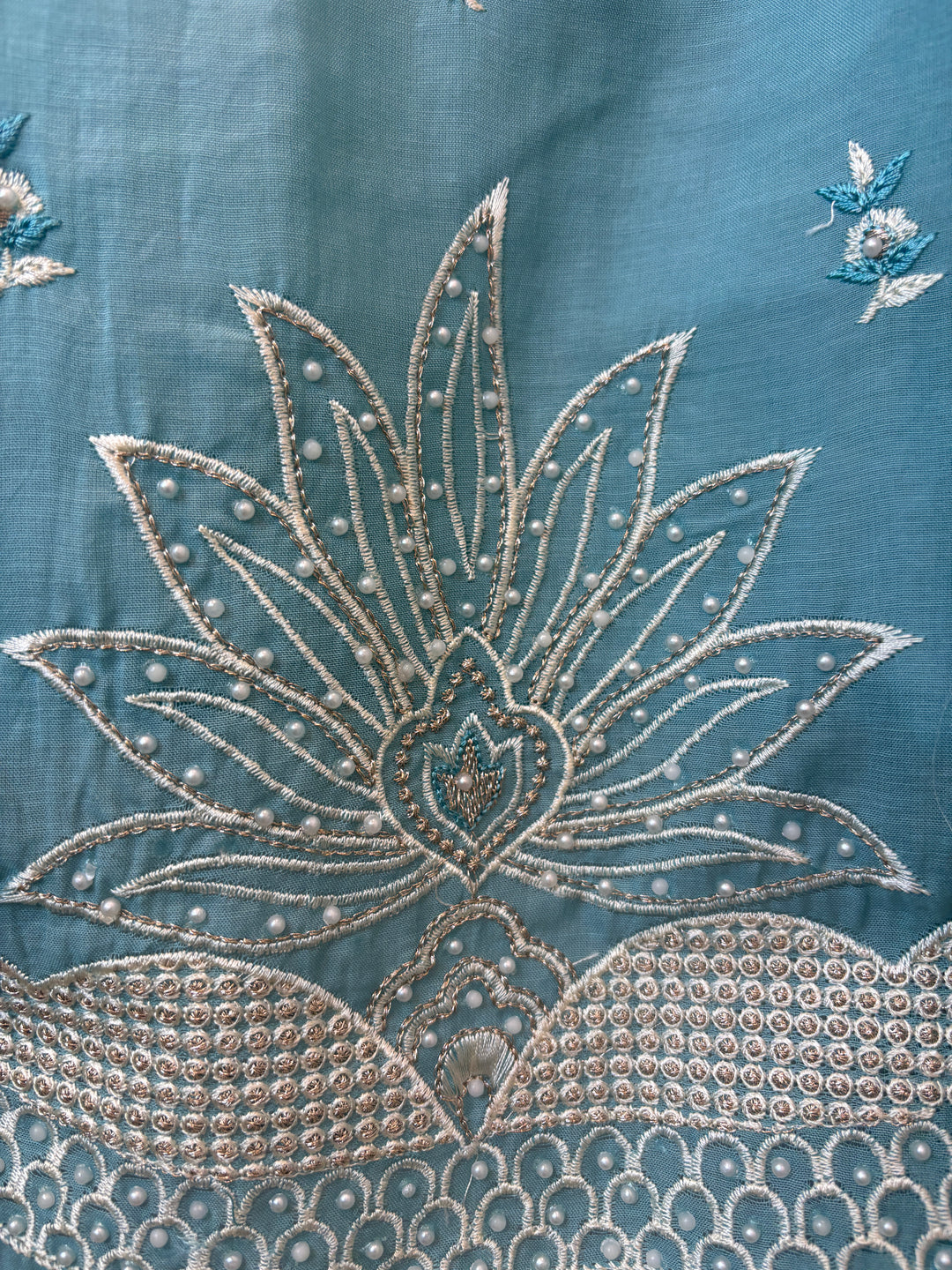 Blue Mul Cotton Heavy Embroidered Suit Set with 3D Floral Dupatta