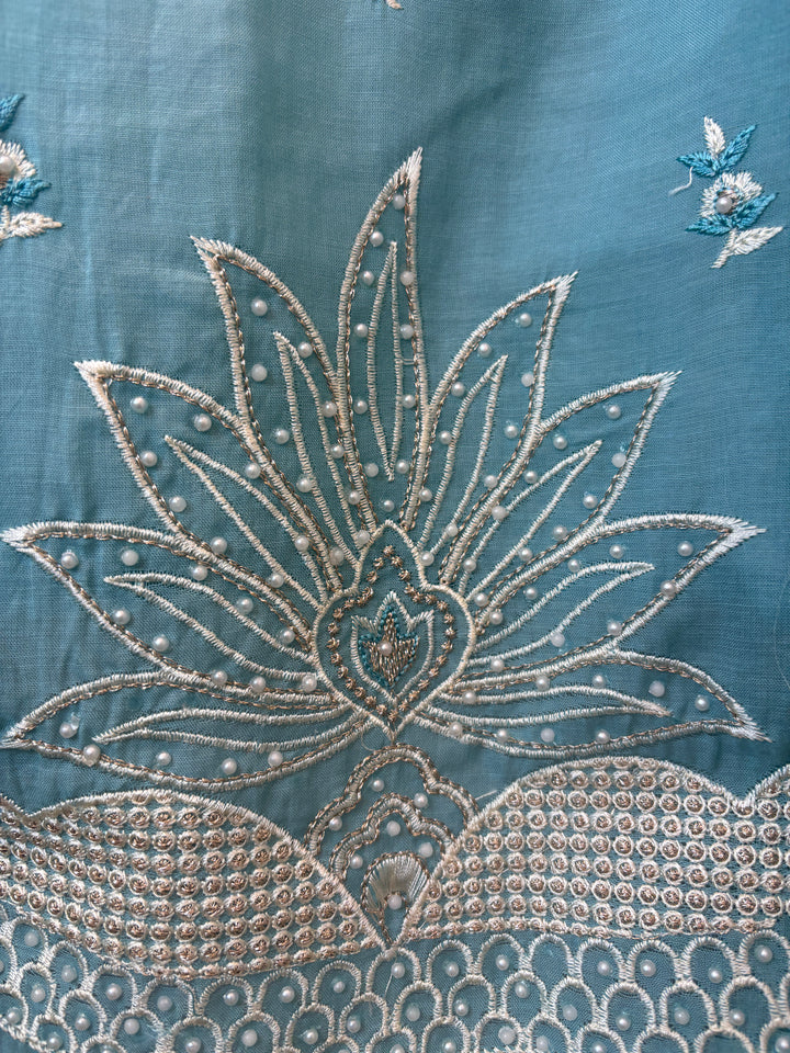 Blue Mul Cotton Heavy Embroidered Suit Set with 3D Floral Dupatta