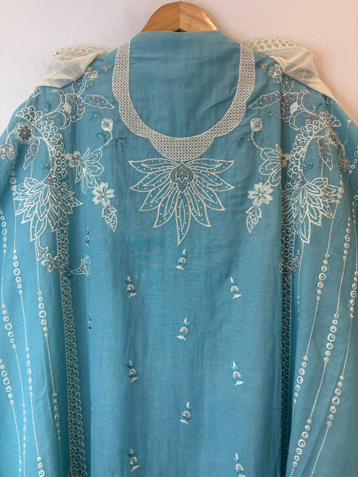 Blue Mul Cotton Heavy Embroidered Suit Set with 3D Floral Dupatta