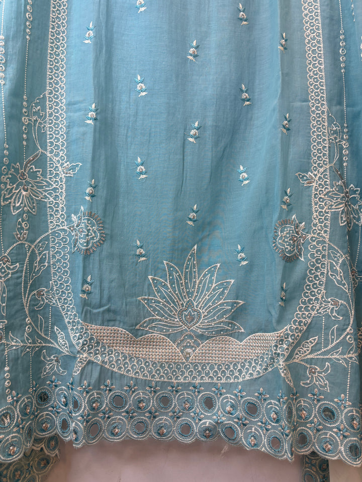 Blue Mul Cotton Heavy Embroidered Suit Set with 3D Floral Dupatta