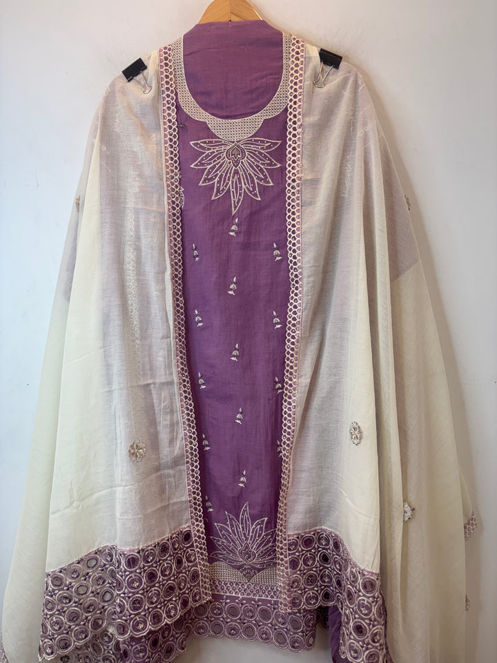 Purple Mul Cotton Heavy Embroidered Suit Set with 3D Floral Dupatta
