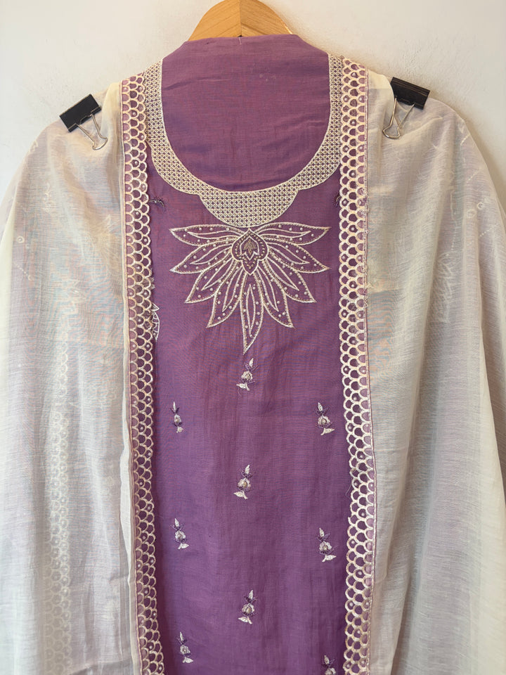 Purple Mul Cotton Heavy Embroidered Suit Set with 3D Floral Dupatta