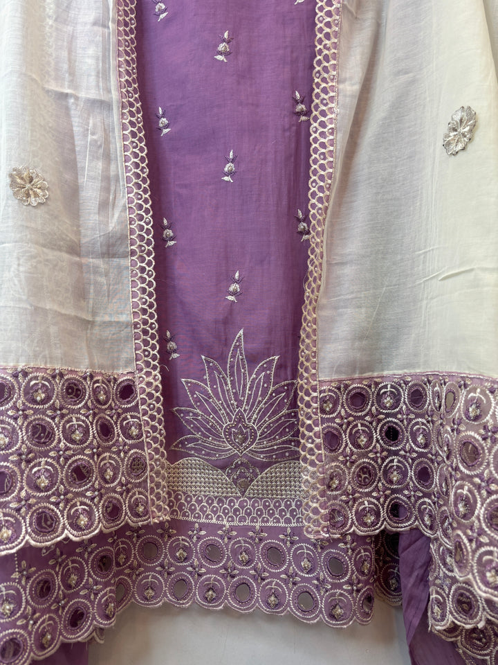 Purple Mul Cotton Heavy Embroidered Suit Set with 3D Floral Dupatta