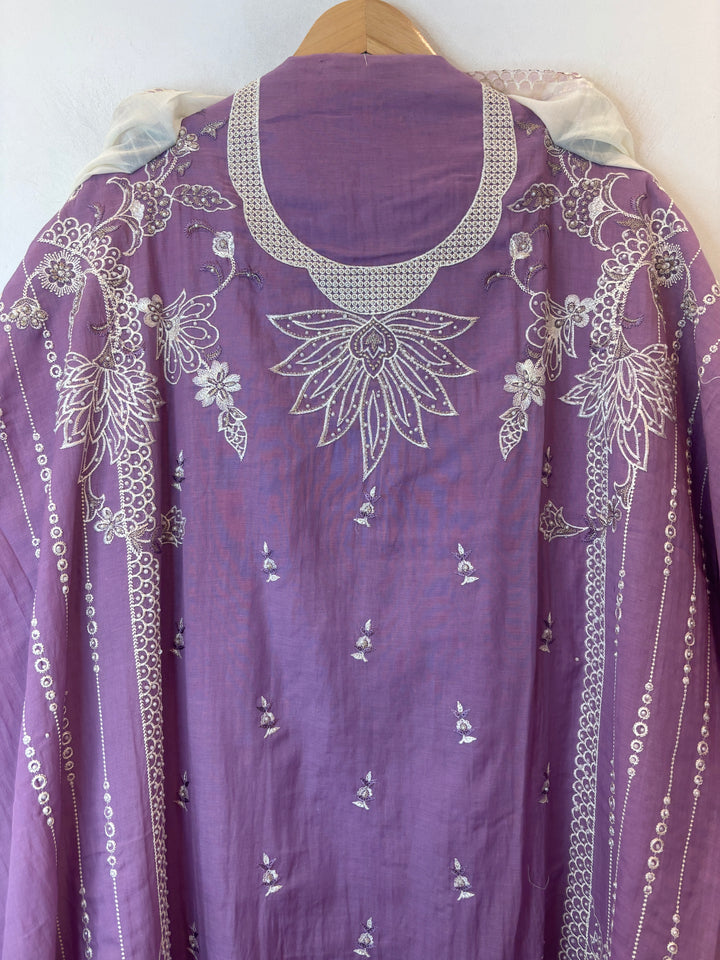 Purple Mul Cotton Heavy Embroidered Suit Set with 3D Floral Dupatta