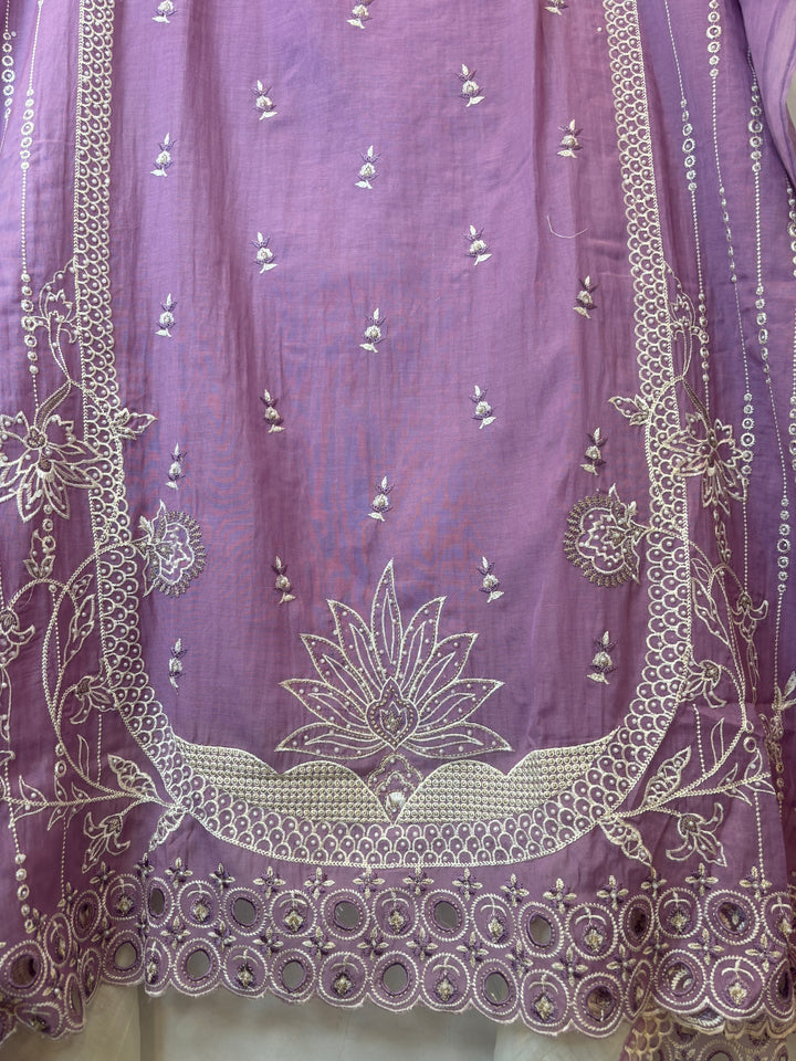 Purple Mul Cotton Heavy Embroidered Suit Set with 3D Floral Dupatta