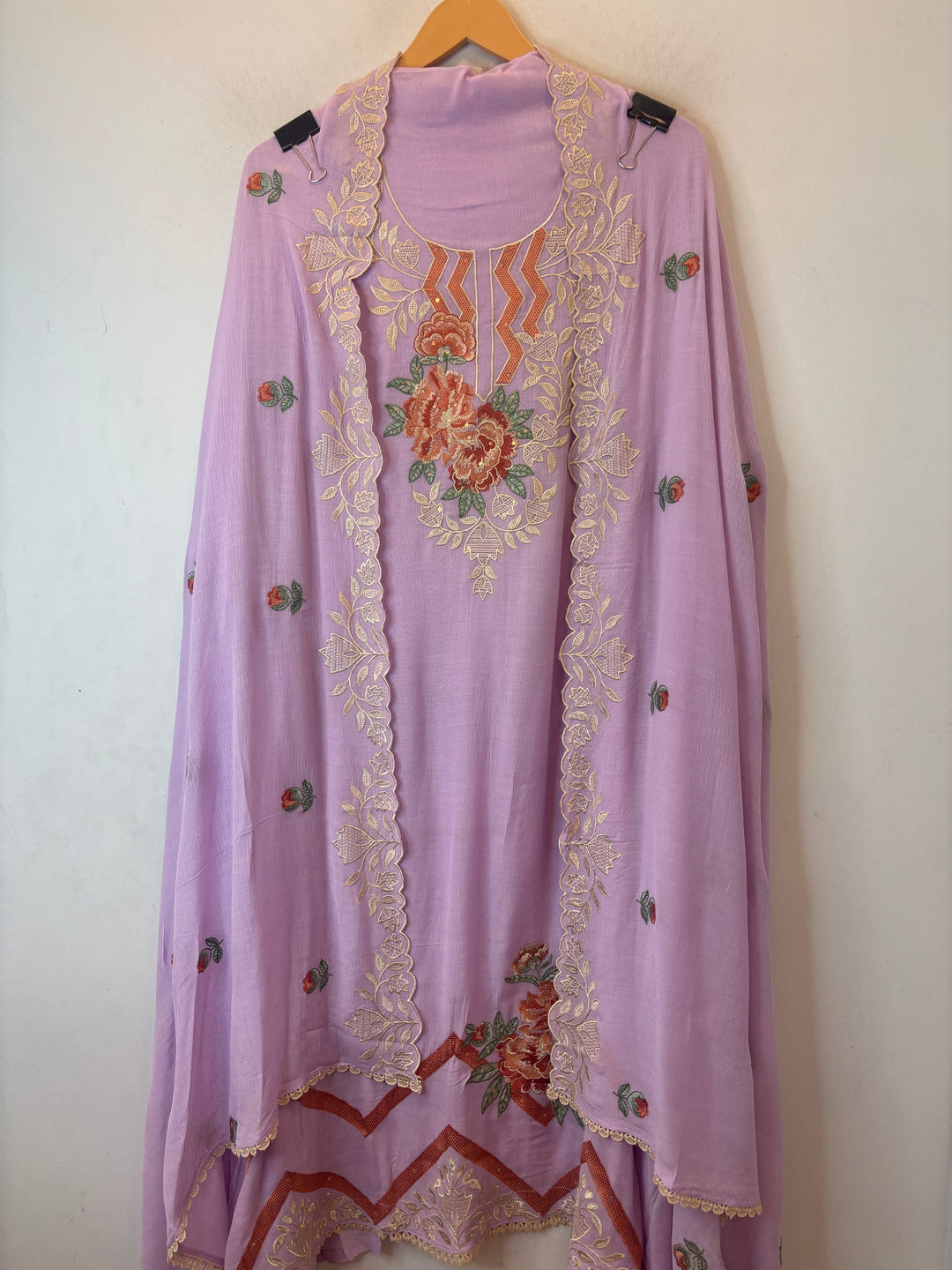 Purple Mul Chinnon Embroidered Suit Set with Sequin Highlights