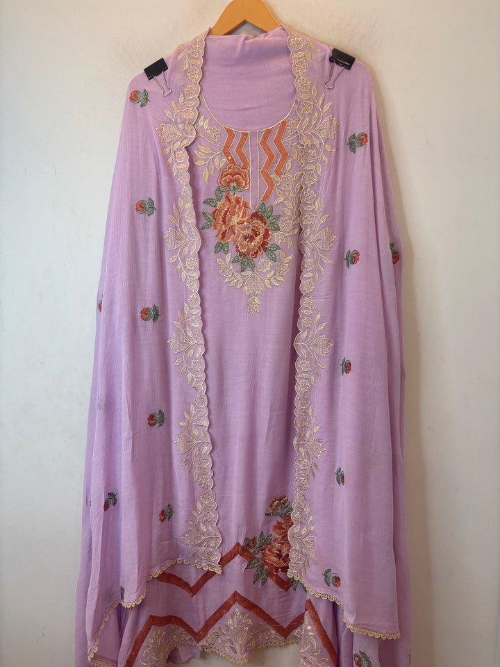 Purple Mul Chinnon Embroidered Suit Set with Sequin Highlights