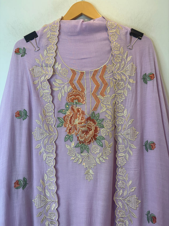 Purple Mul Chinnon Embroidered Suit Set with Sequin Highlights