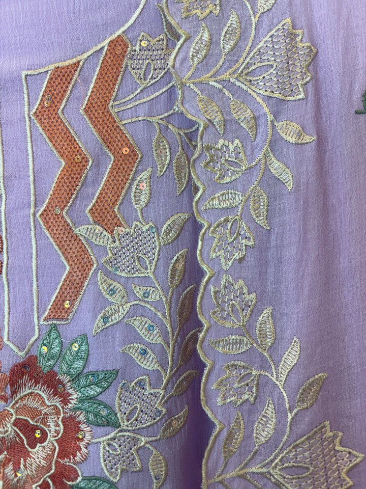 Purple Mul Chinnon Embroidered Suit Set with Sequin Highlights