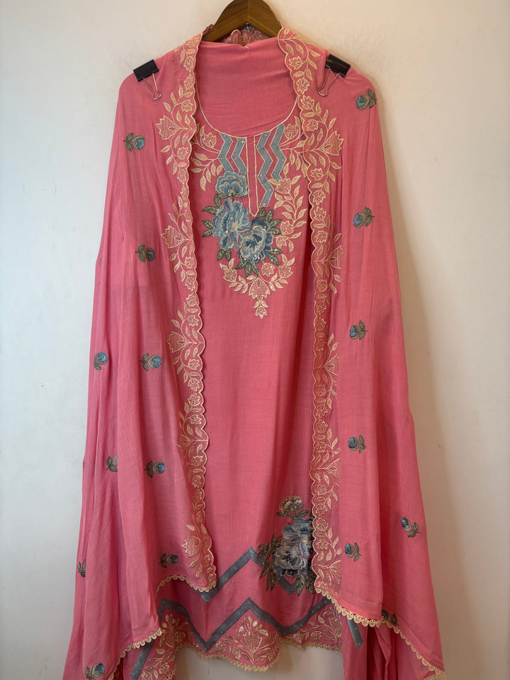 Pink Mul Chinnon Embroidered Suit Set with Sequin Highlights