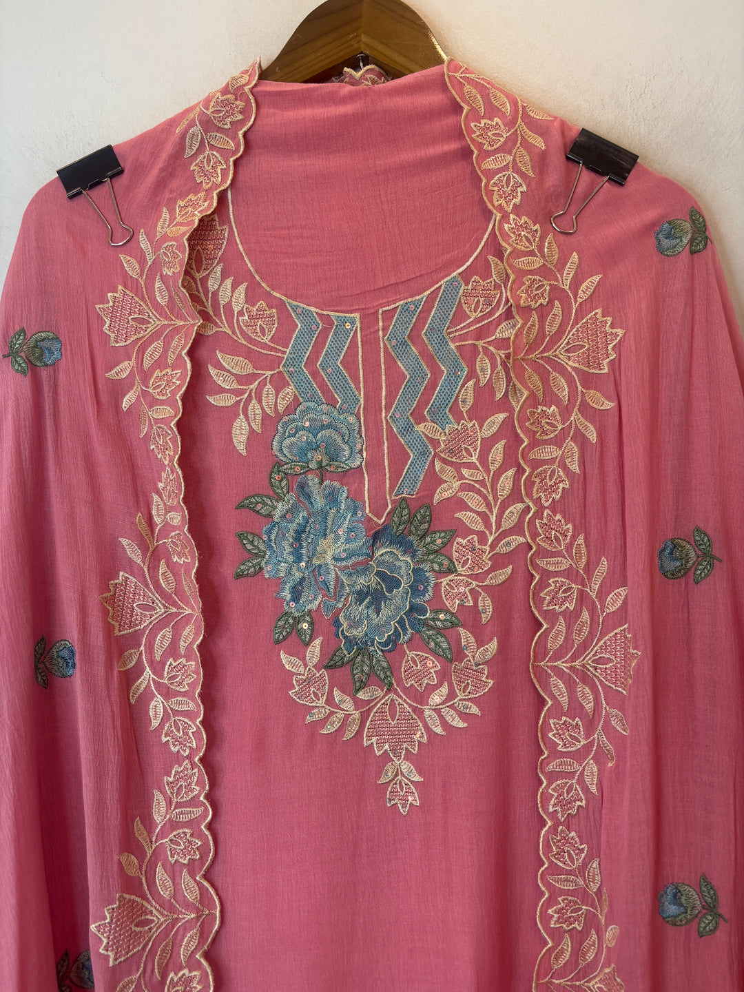 Pink Mul Chinnon Embroidered Suit Set with Sequin Highlights