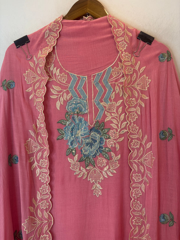 Pink Mul Chinnon Embroidered Suit Set with Sequin Highlights
