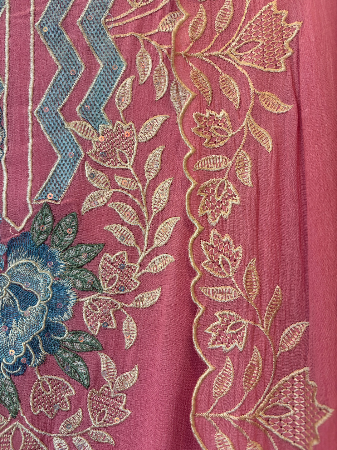 Pink Mul Chinnon Embroidered Suit Set with Sequin Highlights