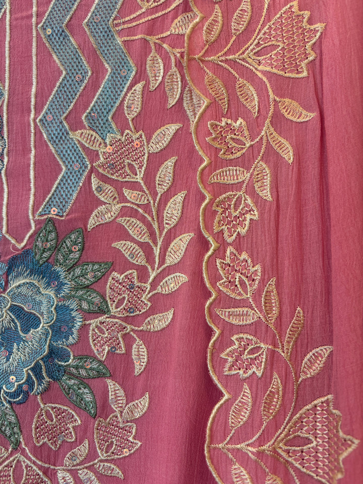 Pink Mul Chinnon Embroidered Suit Set with Sequin Highlights